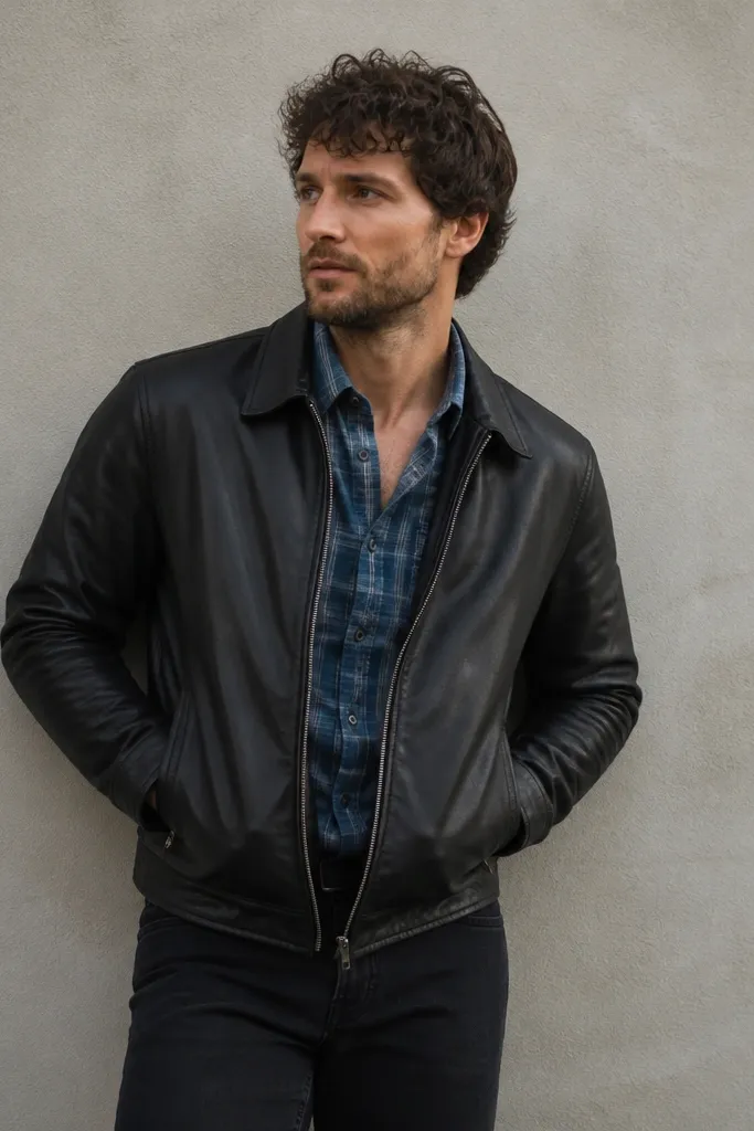 Person wearing a blue flannel button-up under a black leather jacket. The leather jacket is zipped halfway, showing the plaid pattern at the chest and collar, paired with black jeans.