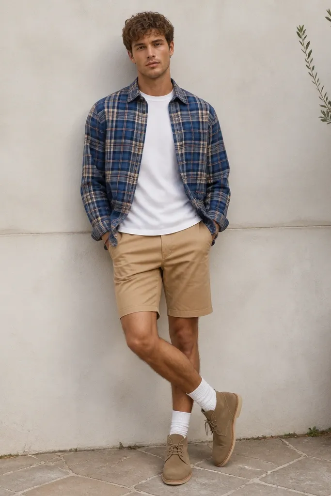 Model wearing a blue check flannel open like a lightweight layer over a plain white tee. He pairs it with camel chino shorts, white socks, and tan desert boots.