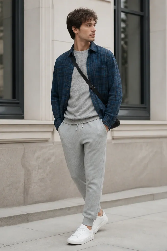 Person wearing a blue flannel button-up worn open over a gray knit crewneck, paired with heather gray joggers. Outfit is finished with white sneakers and a crossbody bag.