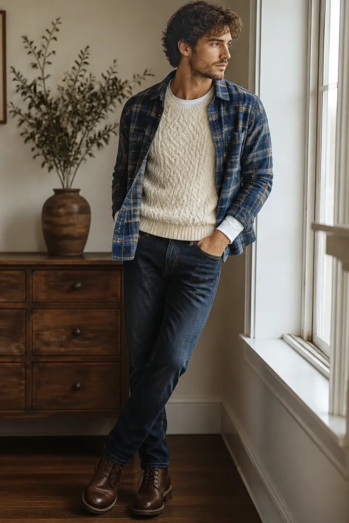 Model wearing a cream cable-knit sweater vest over a white long-sleeve shirt, with the blue flannel layered open at the front. He’s wearing dark jeans and brown leather boots.