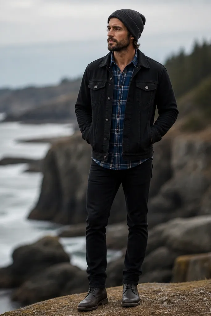 Man wearing a blue plaid flannel button-up layered under a black denim jacket. He’s also wearing a charcoal beanie, black slim jeans, and dark boots.