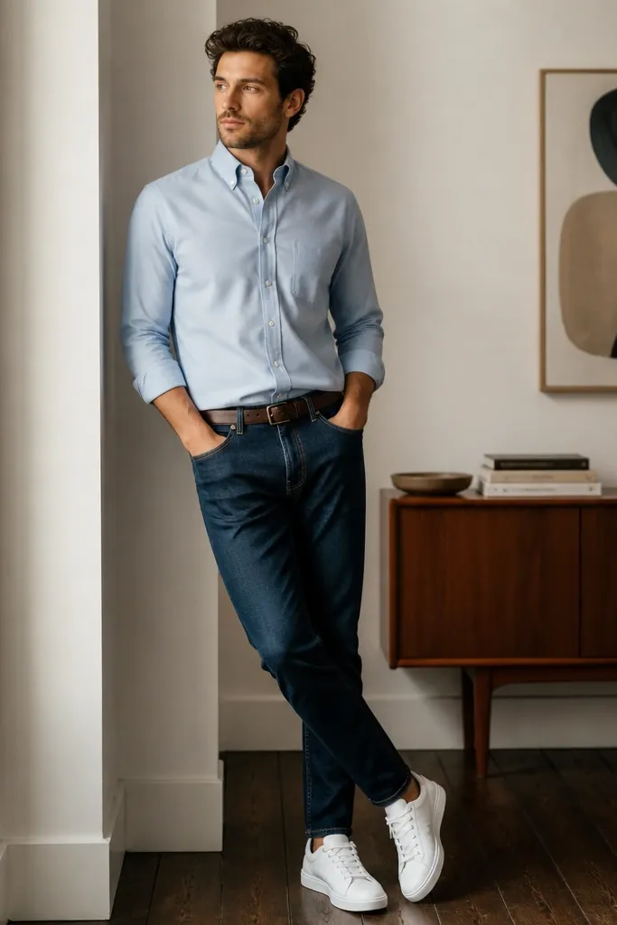 Powder-blue Oxford shirt tucked into dark indigo jeans with a subtle taper; a belt and clean white sneakers are visible; the scene is casual-semi formal.