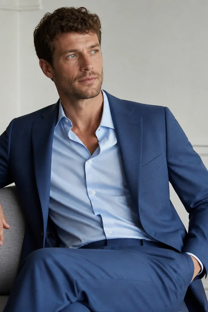 Light blue dress shirt worn under a mid-blue suit jacket with the top two buttons open; trousers match the jacket color; minimal accessories.
