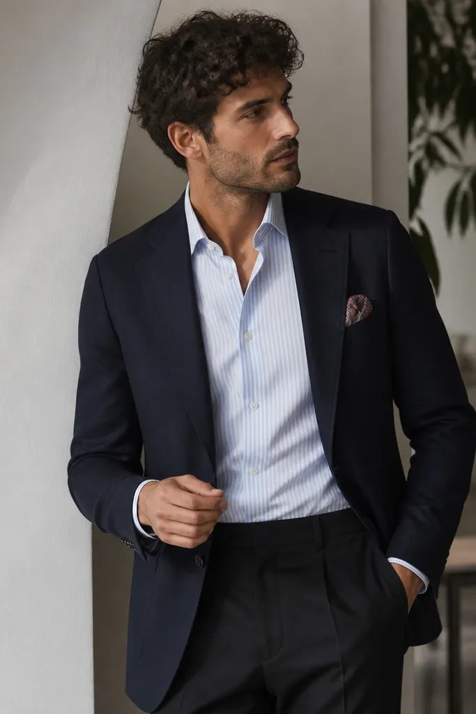 Blue striped dress shirt under a navy blazer with black tailored trousers; a pocket square peeks from the blazer pocket.