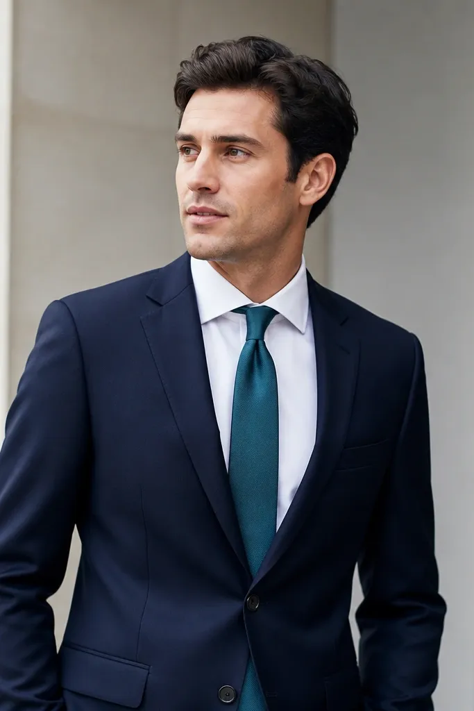 Navy suit with a crisp white shirt and a teal tie with subtle sheen; the tie knot is neat and centered.