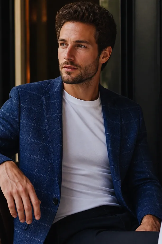 Blue windowpane blazer worn over a fitted white crew-neck tee with dark trousers; the look is styled for a casual dinner vibe.