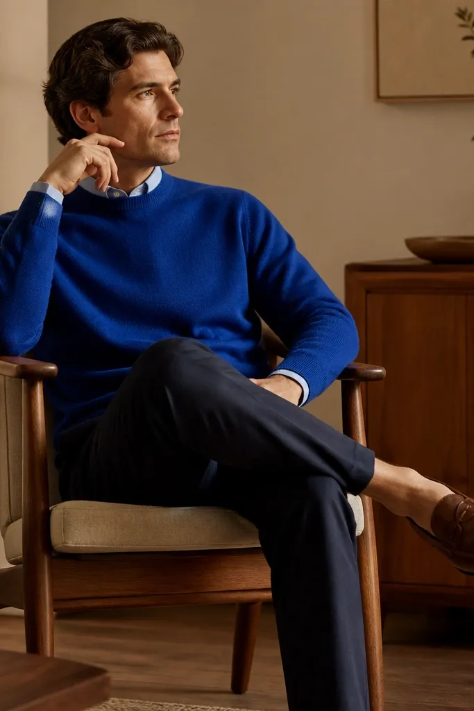 Cobalt crewneck sweater layered over a collared shirt (collar peeking) with navy trousers and brown loafers; warm lighting and a clean, minimal palette.