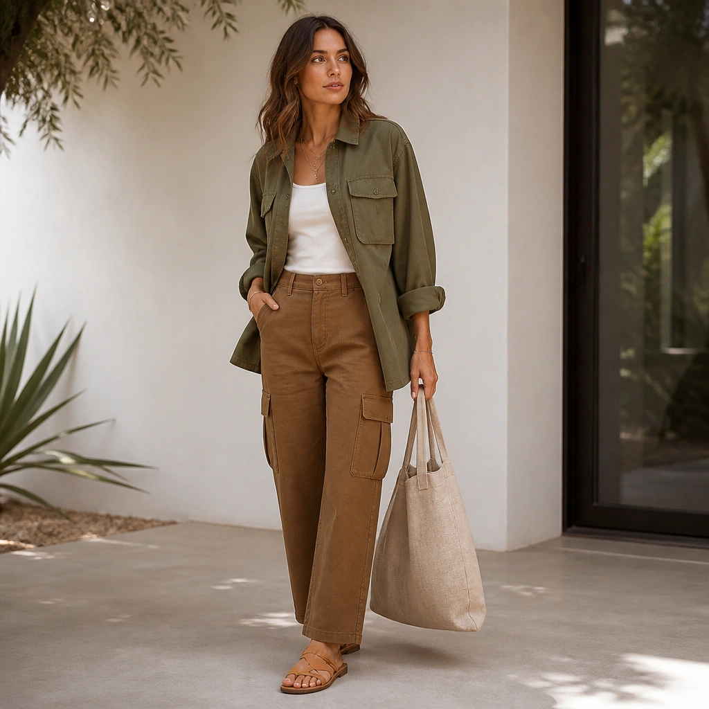 A woman in caramel-brown cargo pants wearing an olive utility overshirt left open. She has on tan flat sandals and a light neutral tote. The overshirt sleeves are slightly rolled, with a casual, styled look.
