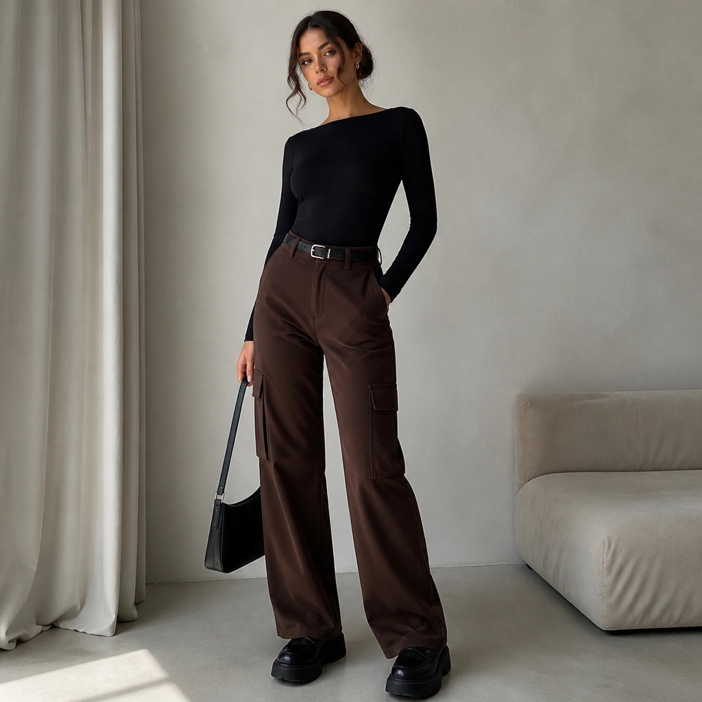 A model wearing chocolate-brown cargo pants with a fitted black bodysuit. The bodysuit is tucked and smooth, with a black belt. She’s wearing chunky black loafers and holding a structured black shoulder bag.