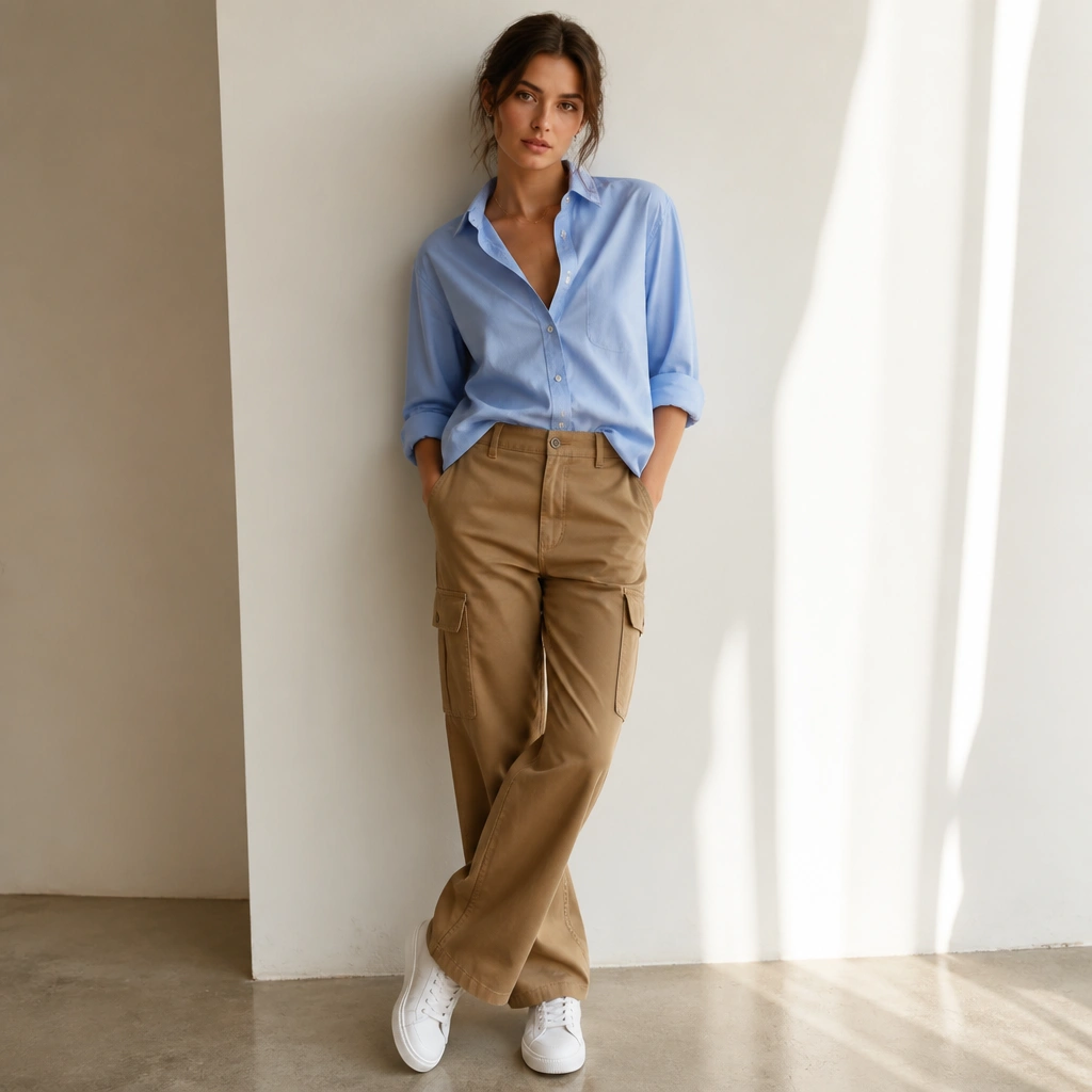 A woman wearing camel-brown cargo pants with a light sky-blue poplin button-down. The shirt is partially tucked and sleeves are rolled to the forearm. She has on white trainers and a minimal silver necklace.
