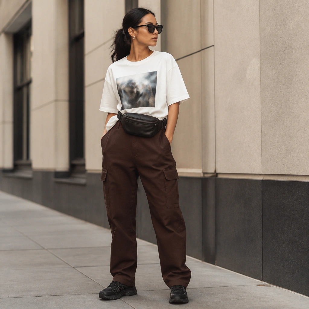 A woman wearing espresso-brown cargo pants with a relaxed white graphic tee. A black belt bag sits across her waist, and she’s wearing black sneakers. The outfit is styled for street-casual with a sporty vibe.
