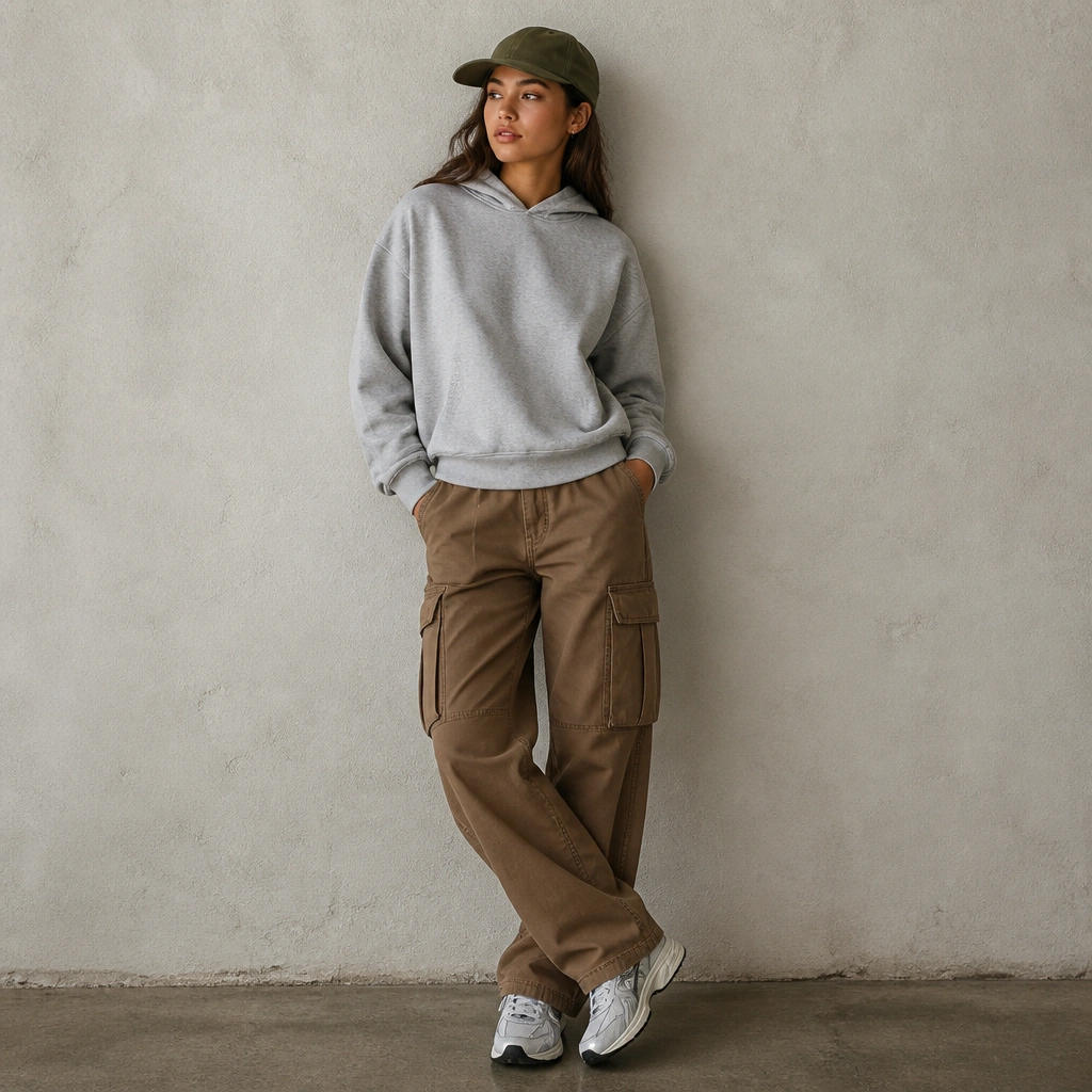 A model wearing medium-brown cargo pants with a heather gray pullover hoodie. She has an olive baseball cap and white-and-gray sneakers. The hoodie is slightly oversized but not swallowing the waist.