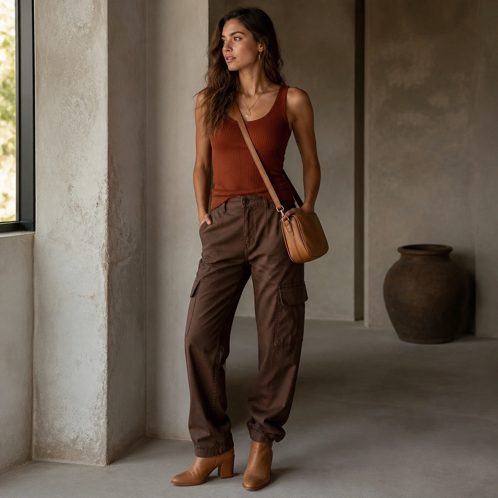 A woman wearing carob-brown cargo pants with a rust-colored fitted knit tank. She has on a tan leather crossbody bag and tan ankle boots. The tank is tucked neatly at the front.
