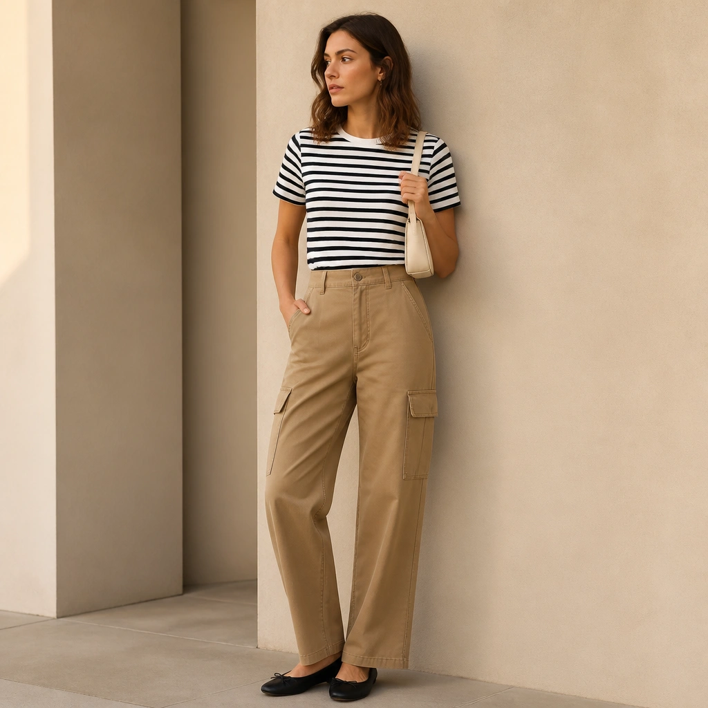 A model wearing camel cargo pants with a black-and-white striped short-sleeve tee. She’s wearing black ballet flats and a small structured cream shoulder bag. The tee is tucked with clean lines at the waistband.