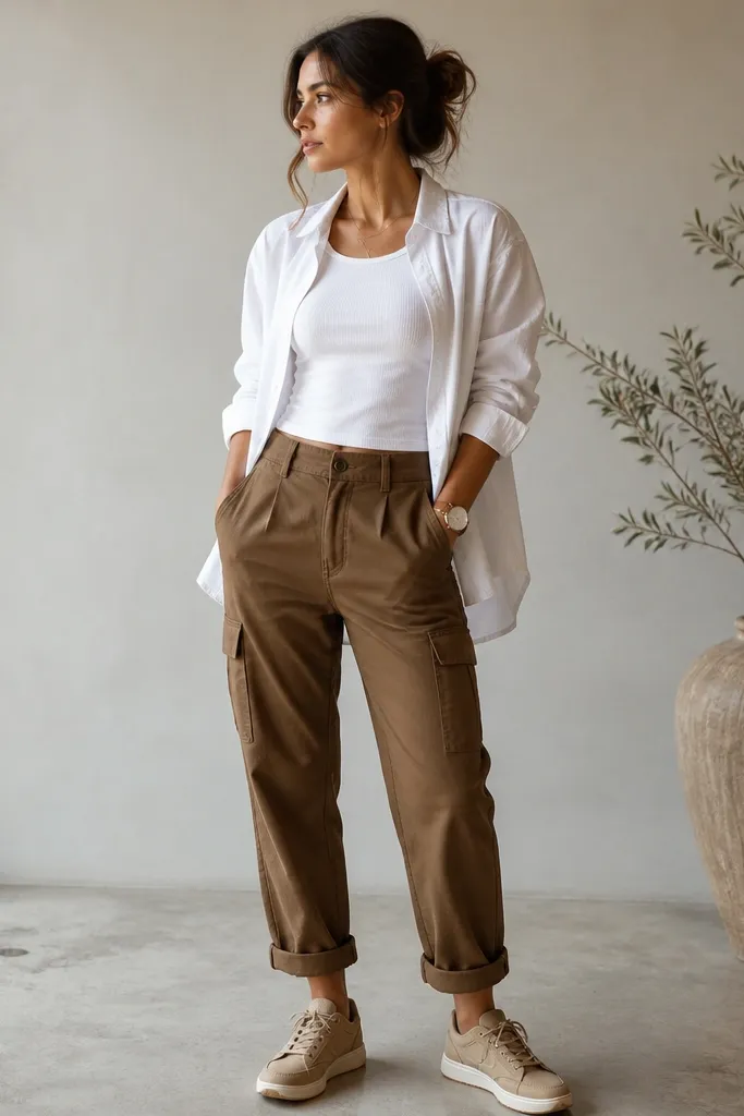 A woman in brown cargo pants with a white long-sleeve button-down worn open over a fitted white top. The pants have rolled cuffs at the ankle. She wears tan sneakers and a minimalist watch.