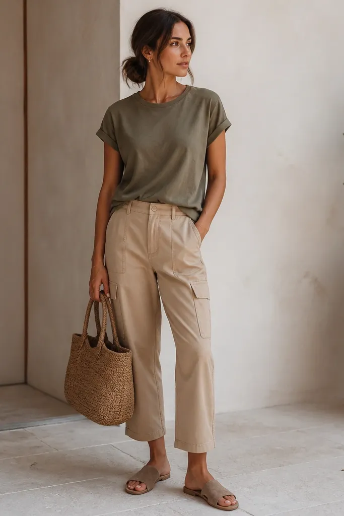 A woman wearing light brown cargo pants with a faded olive short-sleeve tee. She has on suede-style slides in warm taupe and a small woven tote. Her look is relaxed with slightly cropped pant hems.
