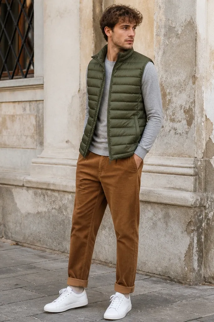 Person in olive quilted puffer vest over a light gray long-sleeve, caramel brown corduroy pants cuffed at the ankle, and white leather sneakers; casual street-style pose.
