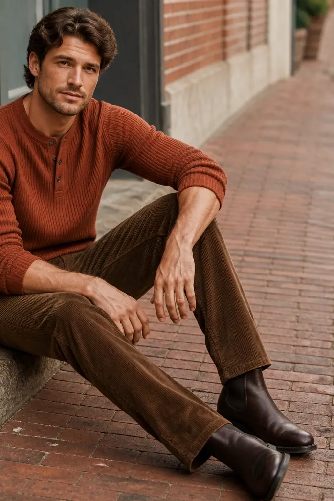 Model wearing rust knit henley with sleeves slightly rolled, chestnut brown corduroy pants, and dark brown Chelsea boots; background shows a brick walkway.
