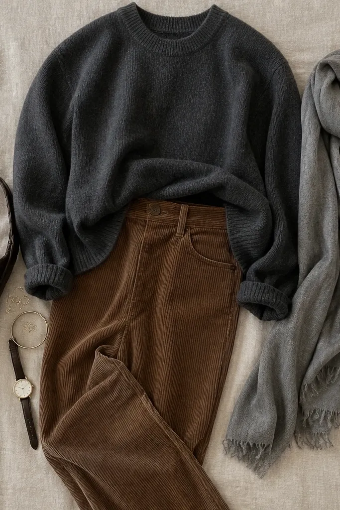 Flat-lay style photo: charcoal crewneck sweater laid over medium brown straight-leg corduroy pants, with a gray scarf and minimal accessories; texture close-up.