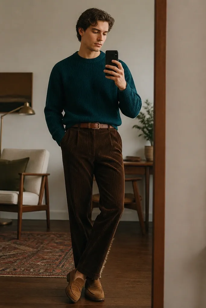 Person wearing a deep teal knit sweater tucked into chocolate brown corduroy pants with a medium-brown belt, plus tan loafers; indoor mirror shot.