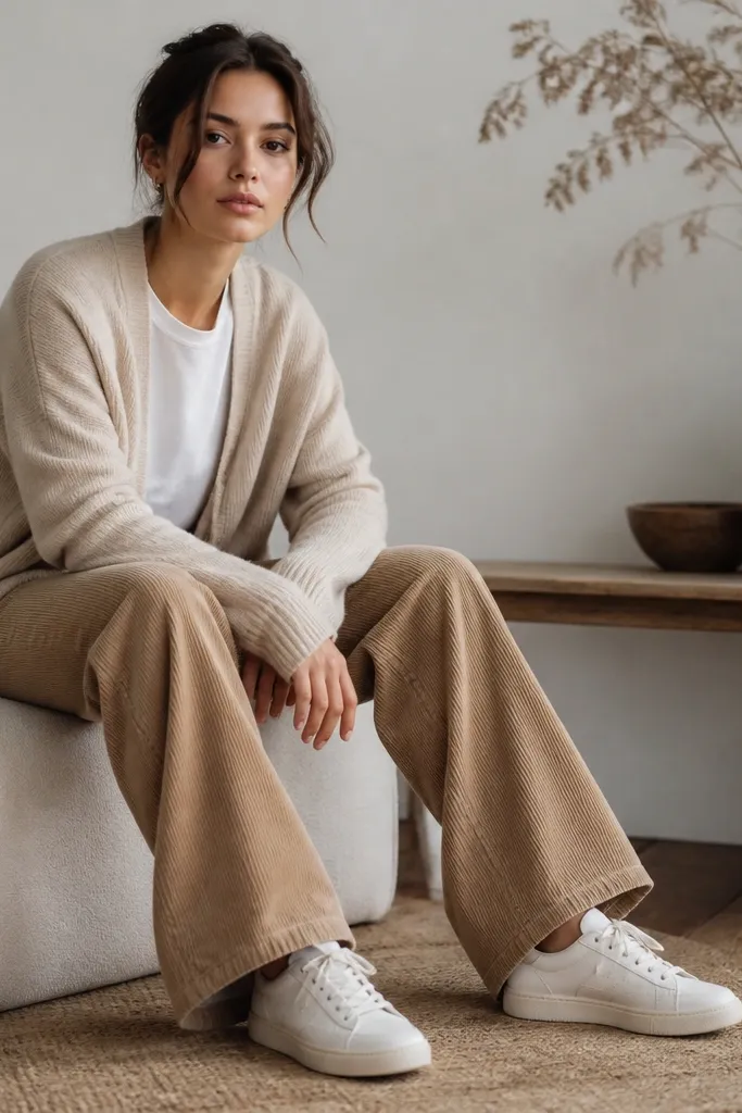 Model in a beige cardigan over a white tee, light brown relaxed-fit corduroy pants, and white sneakers; soft, neutral color palette.