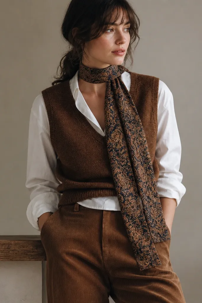 Person wearing a white button-down partially visible under a warm brown knit vest, plus a patterned scarf, and medium brown corduroy pants; scarf tails hang down.