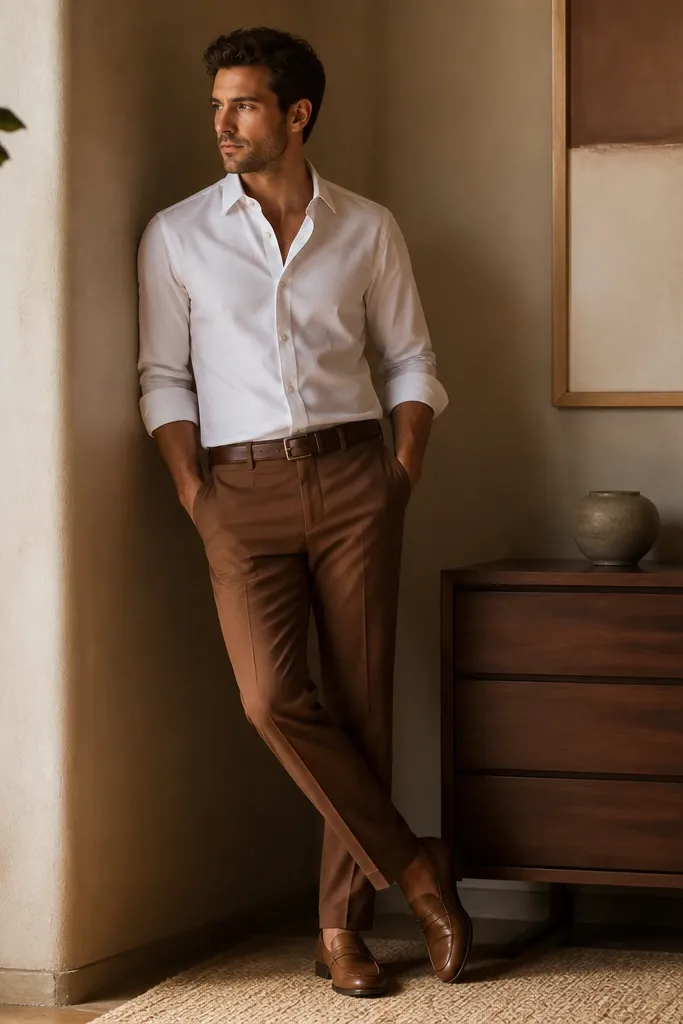 Cognac brown dress pants with a crisp white Oxford button-up worn slightly open at the collar, sleeves rolled once. Matching cognac leather loafers and a medium-brown belt, photographed indoors with warm lighting.