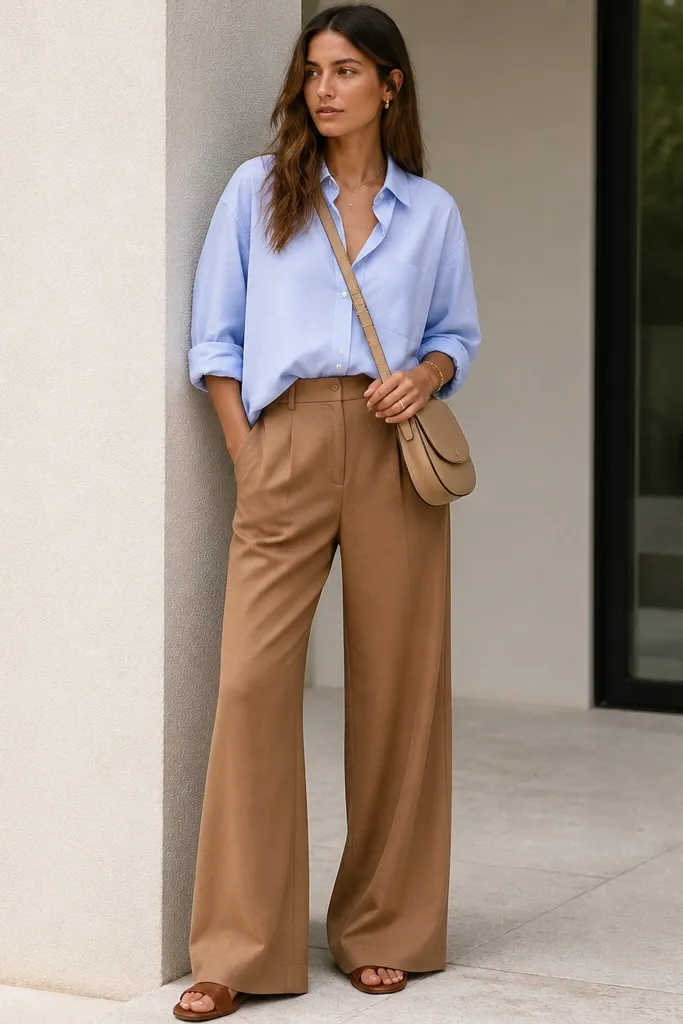 Camel brown wide-leg dress pants paired with a light blue button-down shirt tucked at the front. Brown leather sandals or loafers, plus a light tan crossbody bag and minimal gold jewelry.