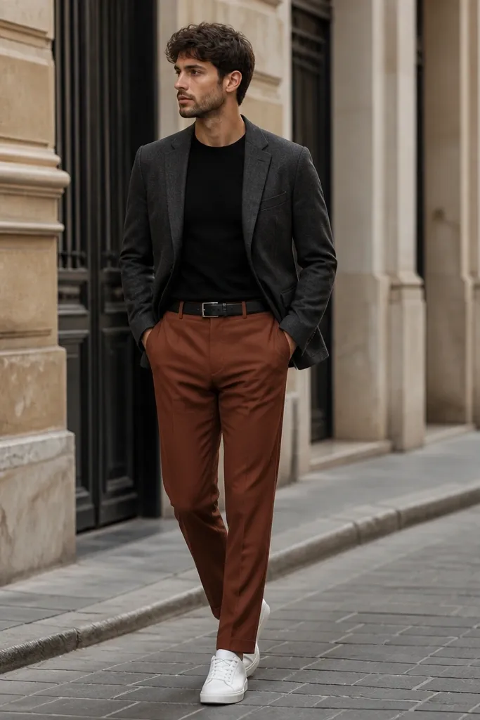 Rust-brown dress pants styled with a fitted black crewneck tee and a cropped charcoal blazer. Outfit shows a clean waistline, black belt, and white leather sneakers in a street-style photo.