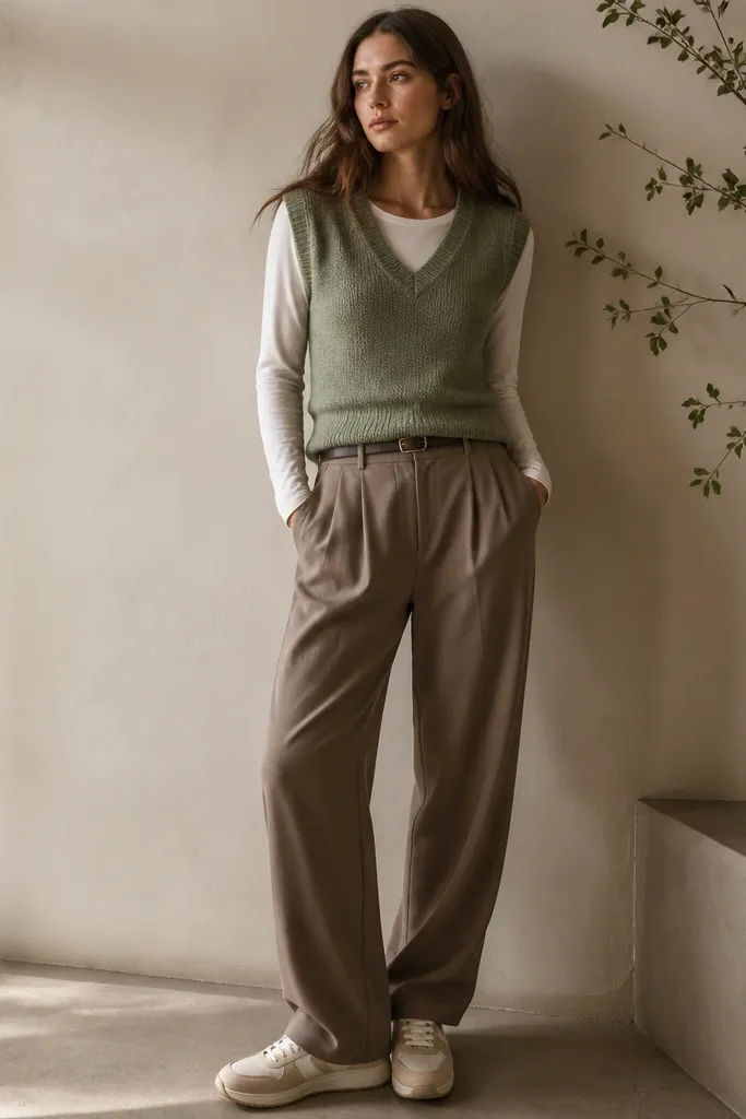 Mushroom brown dress pants with a sage green knit sweater vest over a white long-sleeve base layer. Neutral sneakers and a thin belt are visible, with the vest layered cleanly at the waist.