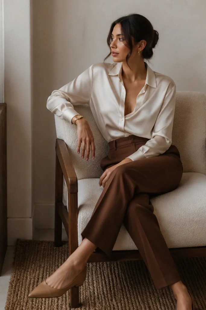 Warm medium-brown dress pants paired with an ivory satin/silk-like button-up, slightly unbuttoned at the top. The shirt shows a subtle sheen, styled with a gold watch and tan pointed-toe flats.
