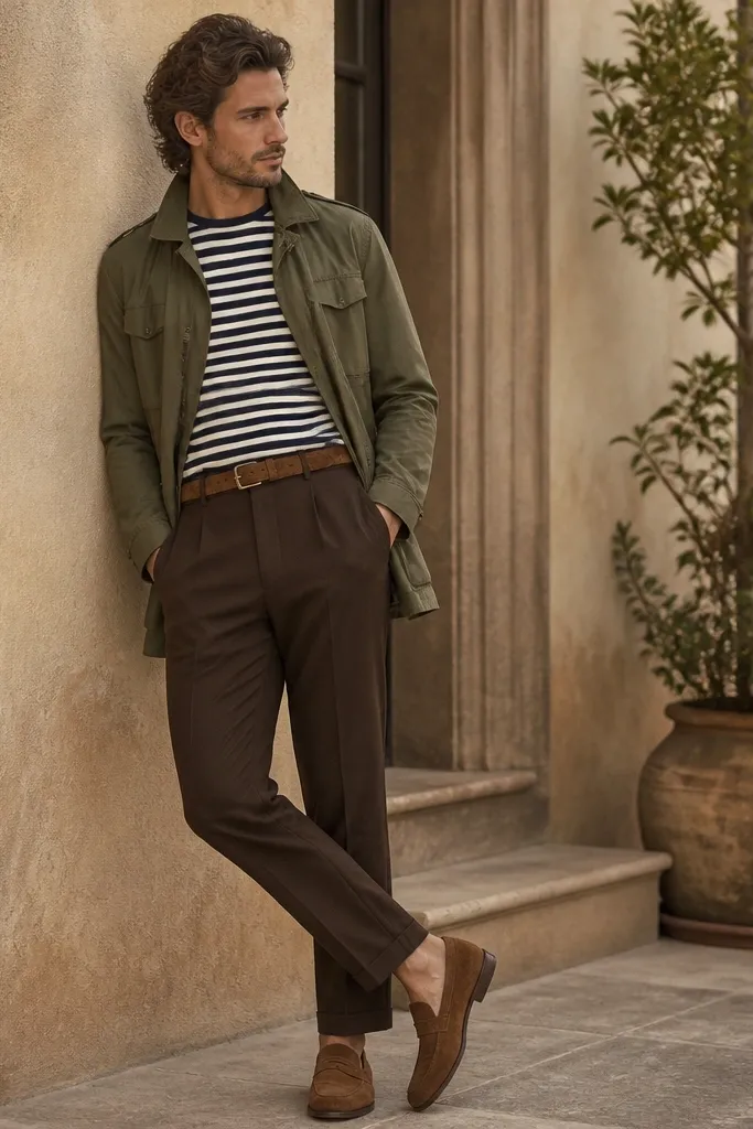 Brandy brown dress pants styled with a navy-and-cream striped tee. Suede loafers in tan/brown are shown, with a lightweight field jacket in olive and a belt in a similar suede tone.