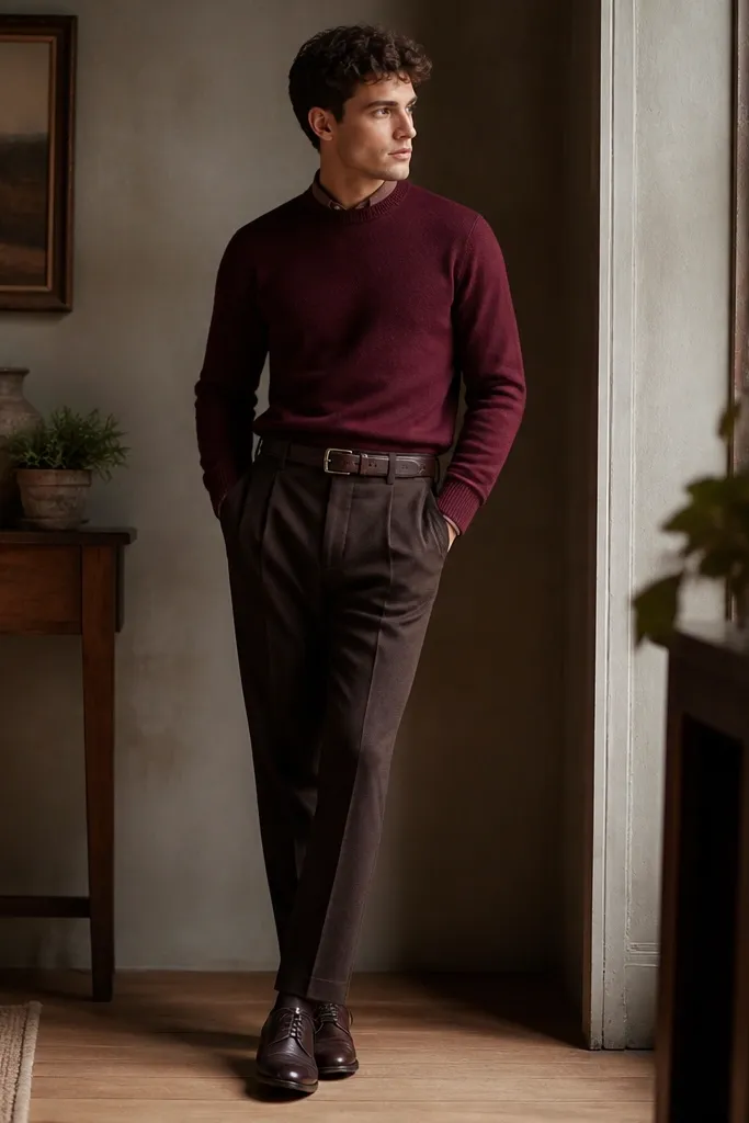 Dark brown wool dress pants paired with a burgundy crewneck sweater. Outfit includes a dark brown belt and oxford-style lace-up shoes, photographed in a cozy indoor setting.