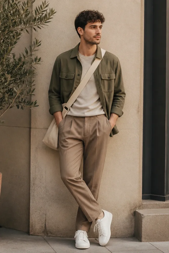 Tan brown dress pants paired with an olive utility overshirt worn open over a fitted neutral tee. White sneakers and a canvas crossbody bag are visible, with a relaxed but tidy stance.