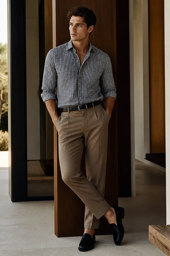 Light brown dress pants styled with a black-and-white check button-up. The shirt is worn with sleeves rolled and a partial tuck, paired with black loafers and a black belt.