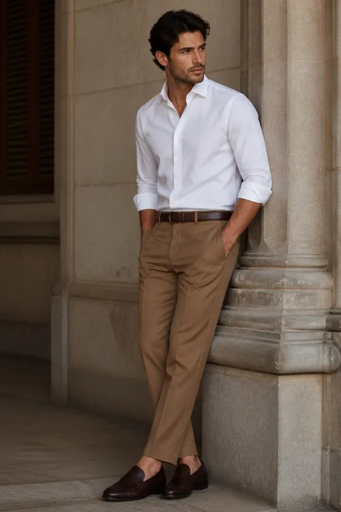 Camel-brown formal trousers with a crisp white Oxford button-down. A thin dark brown belt and dark brown loafers complete the outfit. Sleeves are neatly rolled once; collar is structured.