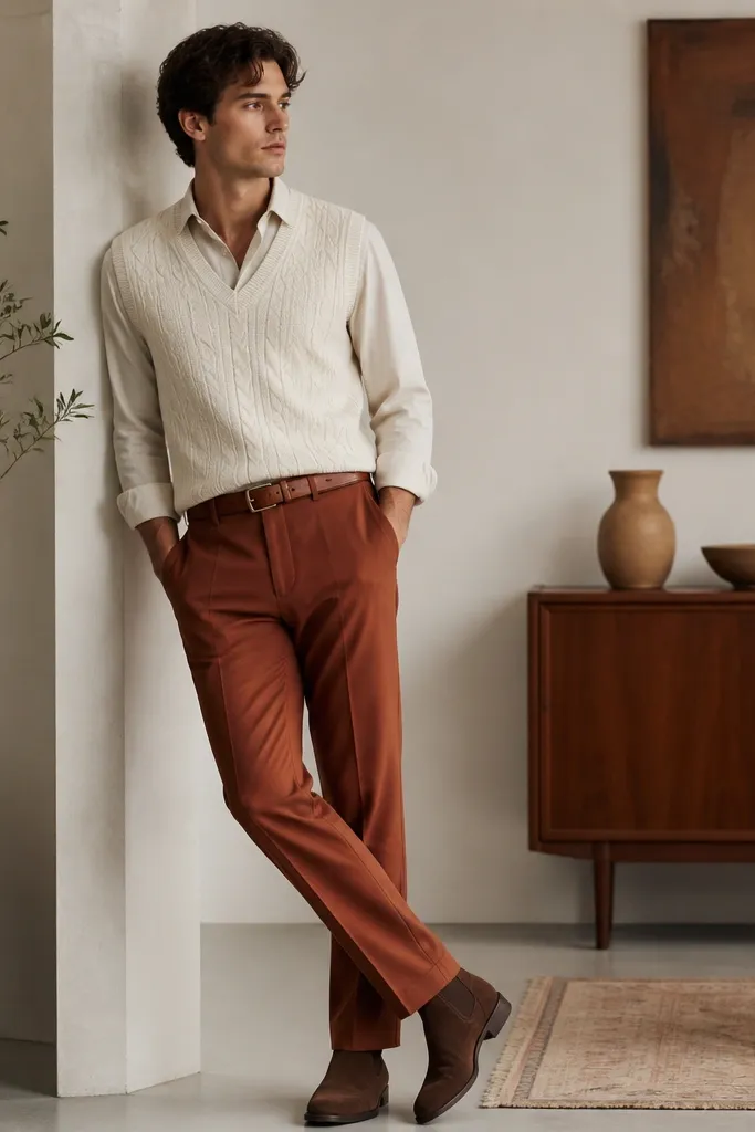 Rust-brown tailored trousers paired with a cream knit sweater vest over a light shirt. A belt in a similar rust-brown tone and brown suede ankle boots are visible. The outfit looks styled for a smart-casual event.
