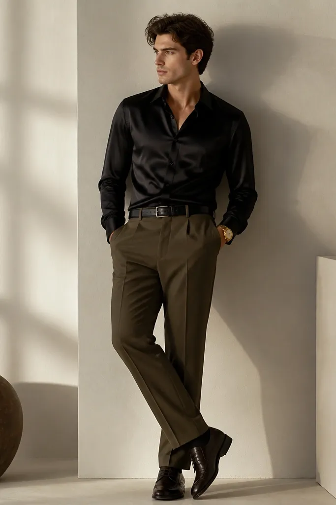 Olive-brown tailored trousers paired with a black silk-like button-up shirt. The styling includes a slim black belt, a gold watch, and dark leather shoes. Lighting highlights the sheen of the shirt.