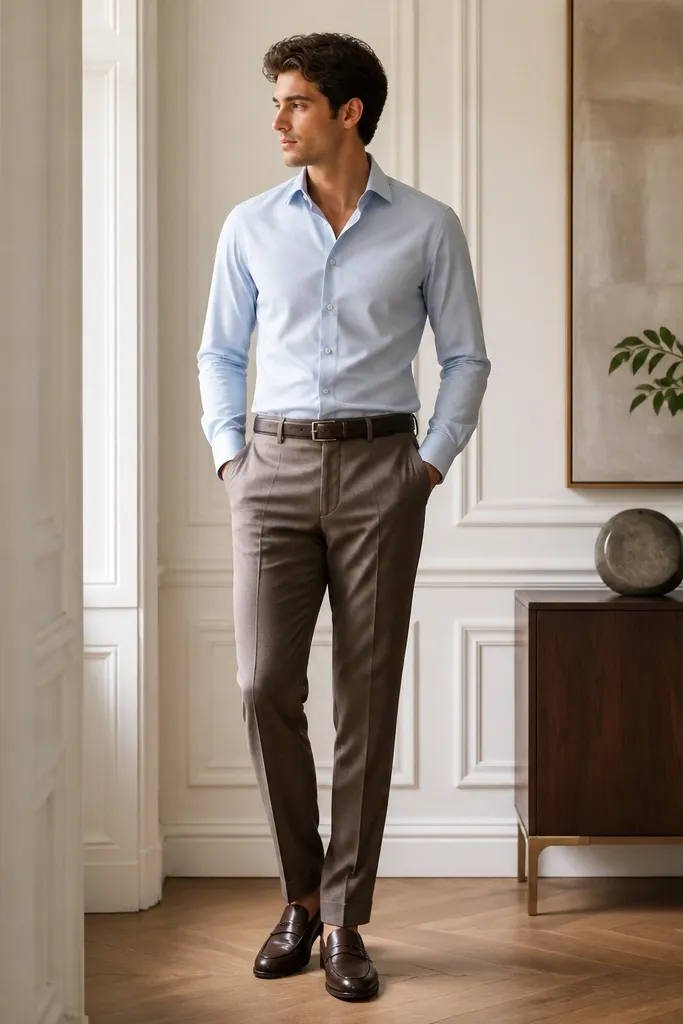 Taupe-brown formal trousers styled with a powder blue dress shirt. Espresso-brown loafers and a slim dark belt are visible. The shirt is tucked and the outfit looks polished and bright.