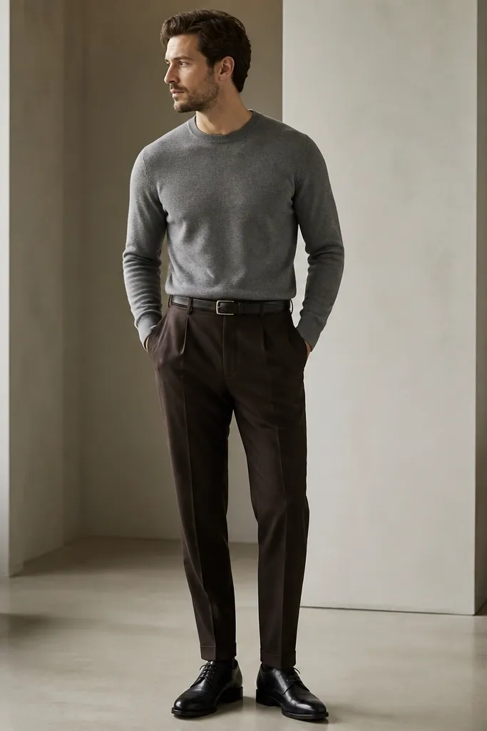 Deep espresso-brown formal trousers paired with a heather gray crewneck sweater. The belt is black and the shoes are black leather derbies. The silhouette is clean with a slight taper at the ankle.