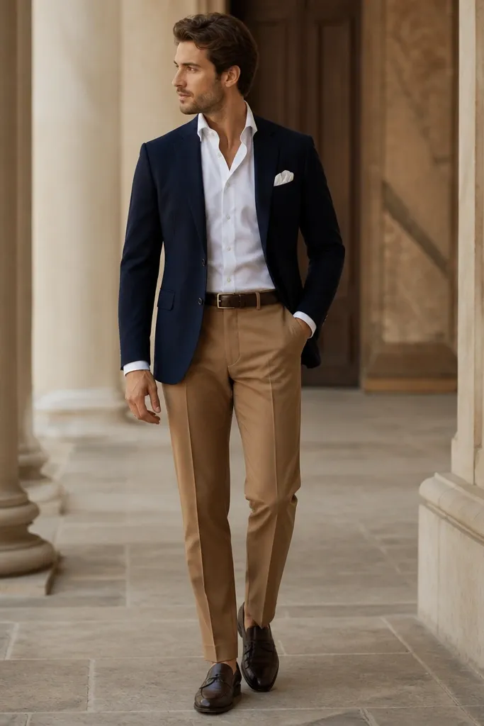 Light caramel-brown tailored pants with a navy blazer. A white pocket square peeks from the blazer breast pocket. Dark leather shoes and a matching belt appear; the overall look is crisp and event-ready.