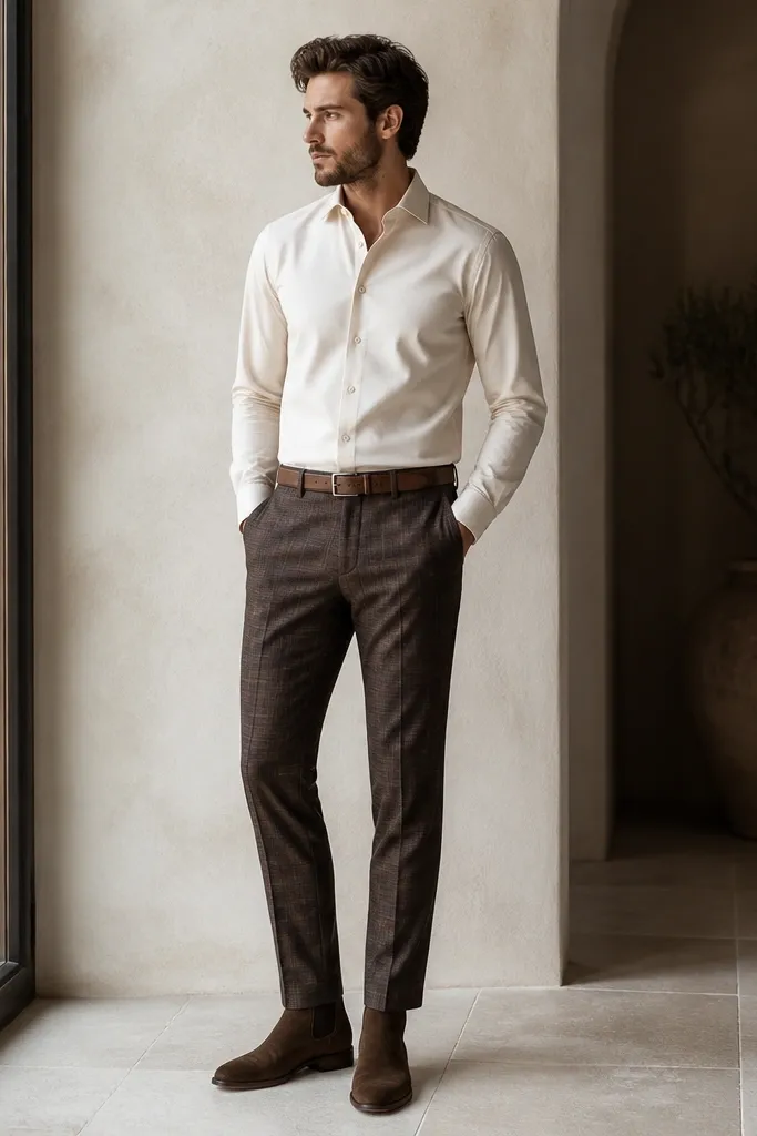 Brown check formal trousers paired with a solid cream dress shirt. The outfit includes brown suede Chelsea boots and a slim leather belt. The pattern is visible and the shirt is neatly tucked.