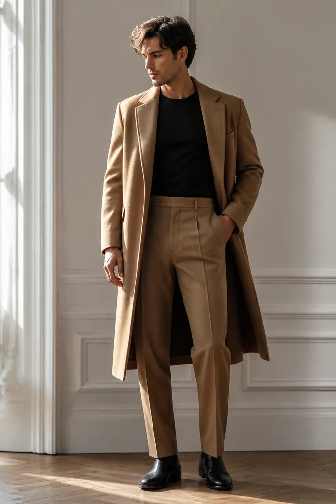 Biscuit-brown formal pants with a black fitted tucked tee. A longline camel coat falls over the waist area, and black leather shoes finish the look. The styling looks sleek and modern.