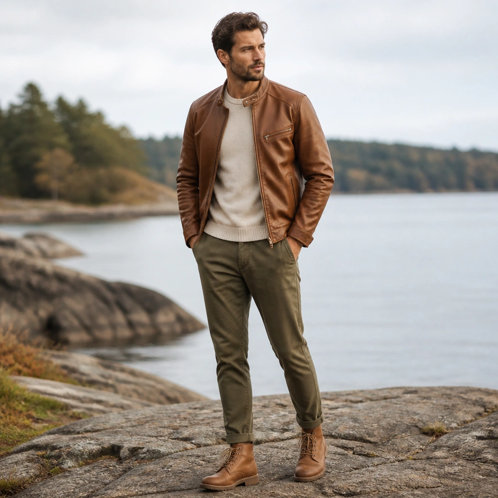 A man in a caramel-brown leather jacket layered over a cream knit crewneck, paired with olive chinos and tan lace-up boots; the image shows a neat, relaxed stance outdoors.