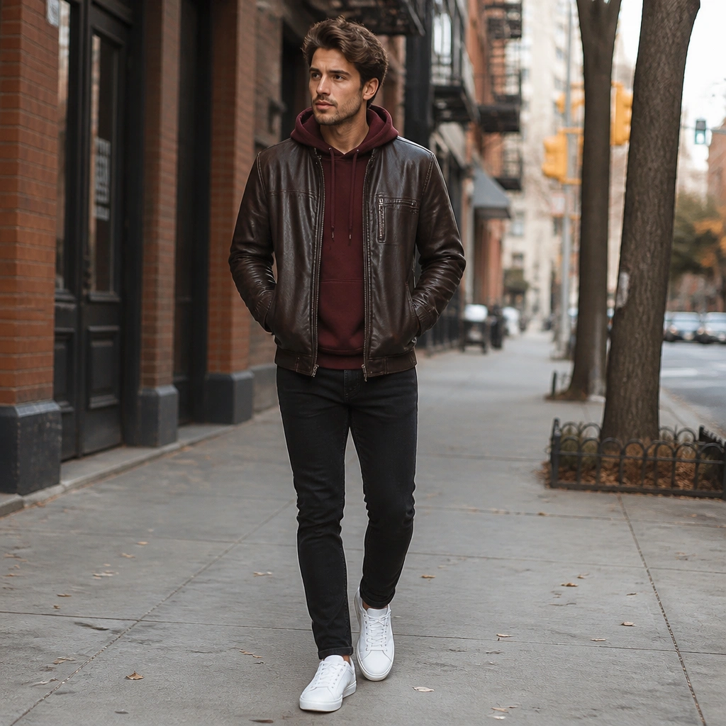A man wearing a dark brown leather jacket over a burgundy hoodie with black slim jeans and white low-top sneakers; the scene looks like a casual city block.