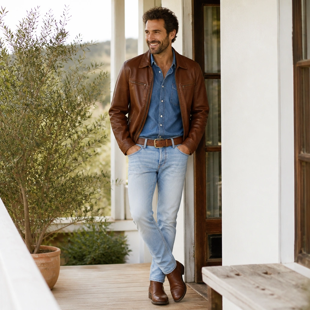 A man in a medium-brown leather jacket over a blue chambray button-down with light wash jeans and brown leather belt with boots; the photo is bright and casual.