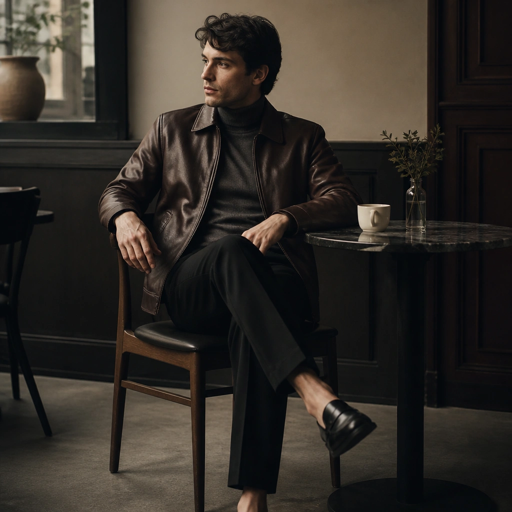 A man wearing a dark brown leather jacket over a charcoal turtleneck, paired with black straight-leg trousers and black leather loafers; the setting is an indoor café with moody tones.