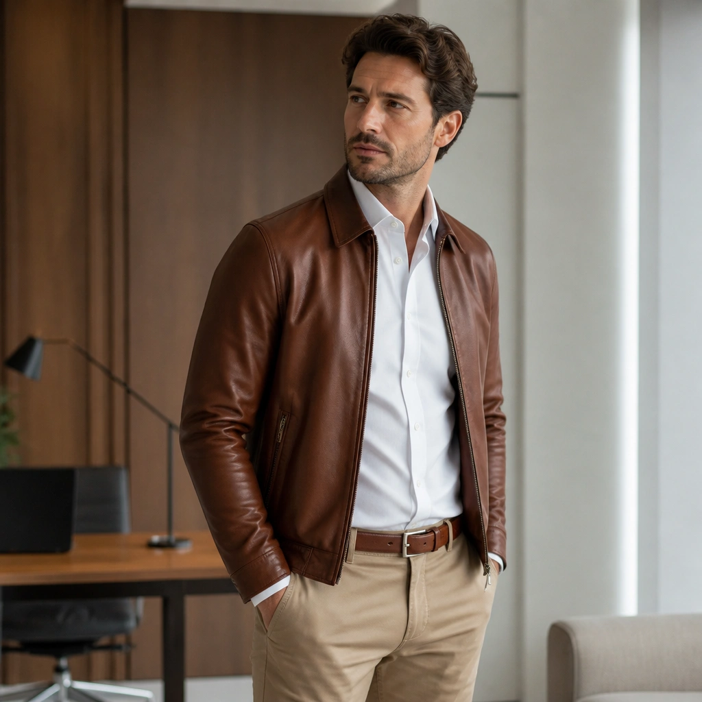 A man in a cognac-brown leather jacket over a white Oxford shirt, with tan chinos and a matching brown belt; the photo shows a clean, office-to-weekend vibe.