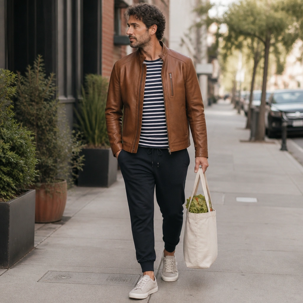 A man wearing a cognac leather jacket over a navy-and-white striped tee with dark joggers and casual sneakers; the image looks like a weekend errand run.