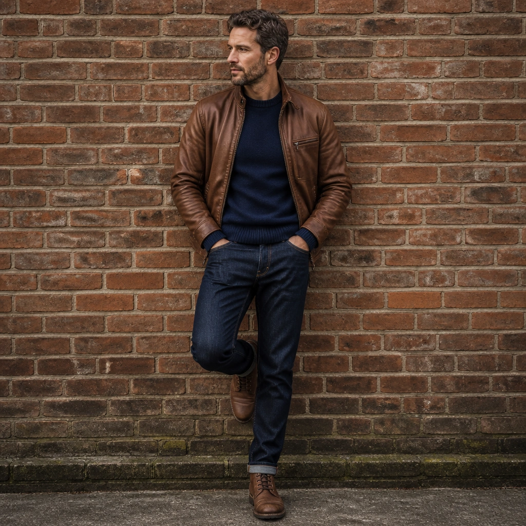 A man wearing a medium-brown leather jacket over a navy crew sweater with dark denim jeans and brown lace-up boots; the background is a brick wall.